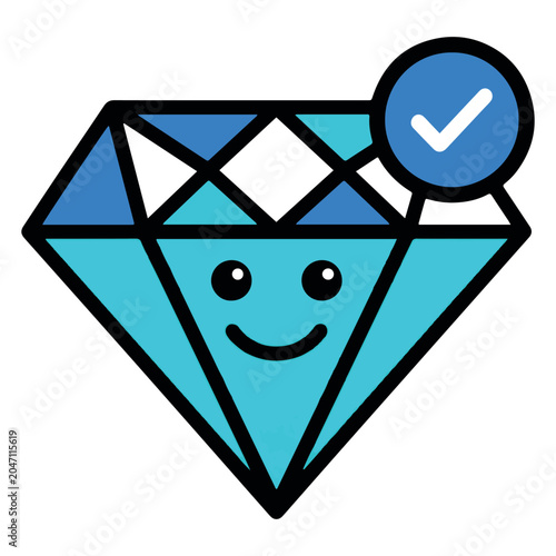 Cute Diamond Character Vector Icon with Verified Check Mark Badge Blue Shiny Crystal Gem Graphic for Premium UI UX Asset
