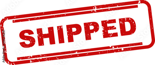 Foto Red 'shipped' rubber stamp impression isolated on white background logistics con