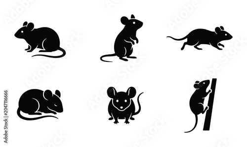 Tablou pe pânză Black Mouse Silhouettes, Rodent Icons Set, Vector Animal Graphics, Cute Critter