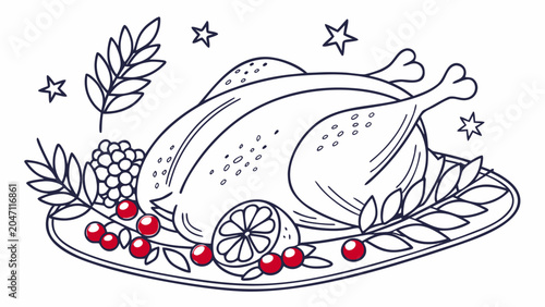Bild auf Leinwand Graphic illustration of a roasted holiday turkey with berries and garnish