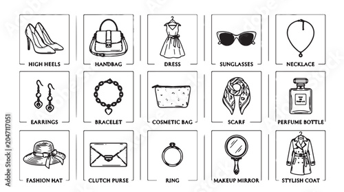 Foto Fashion icons, accessories collection, 16 vector illustrations, black and white
