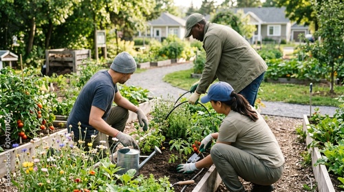 Diverse group of volunteers working together in a community garden planting vegetables and flowers, promoting sustainable living, neighborhood cooperation