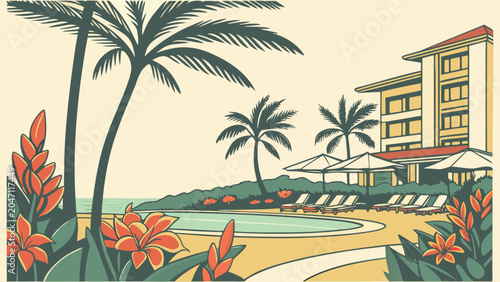 Foto Tropical resort poolside landscape with palm trees and flowers, tropical