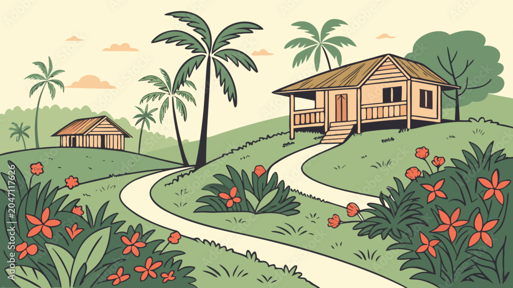 Obraz premium Tropical landscape with wooden house and palm trees tropical landscape