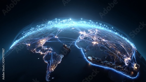 Glowing cargo ships sailing across a dark ocean connecting global logistics networks on planet earth tonight