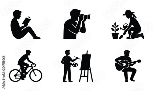Bild auf Leinwand Silhouette Icons: Reading, Photography, Gardening, Cycling, Painting, Guitar Pla