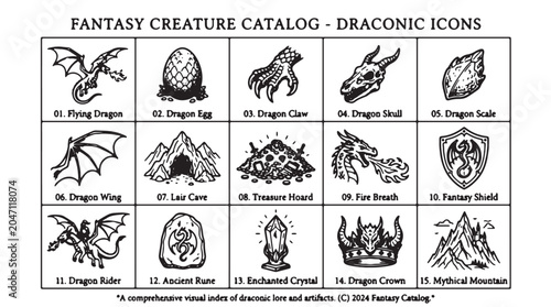 Tableau sur toile Fantasy creature catalog draconic icons, set of 15 mythical dragon line art symb