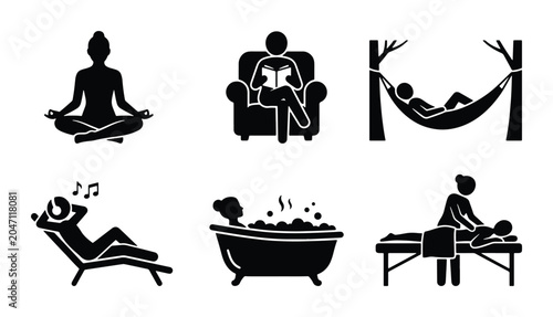 Foto Relaxation Icons Set: Meditation, Reading, Hammock, Lounger, Bath, Massage