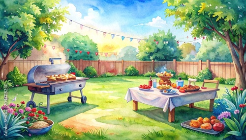 Watercolor Fourth of July Family Barbecue in Backyard Summer Celebration