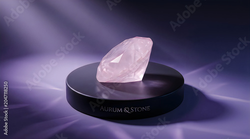 Beautiful pink diamond gemstone sitting on a dark round display pedestal with soft purple lighting