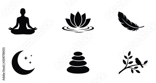 Photography Zen Icons: Meditation, Lotus Flower, Feather, Moon, Stones, Bird on Branch, Sere