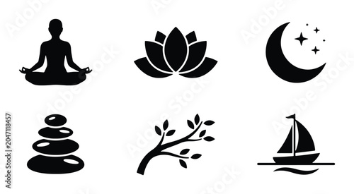 Canvas Print Zen Icons: Meditation, Lotus Flower, Moon, Stones, Branch, Sailboat Vector Set
