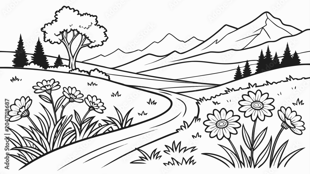 Fototapeta premium Drawing of mountain meadow landscape with flowers landscape mountains