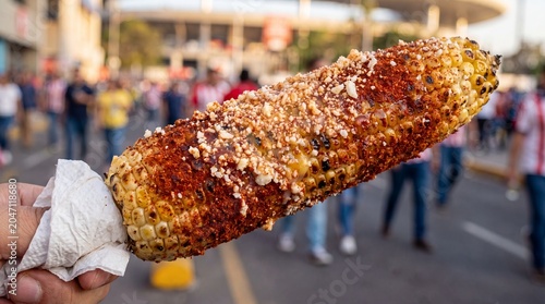 Hand holding spicy grilled elote street corn outside stadium crowd