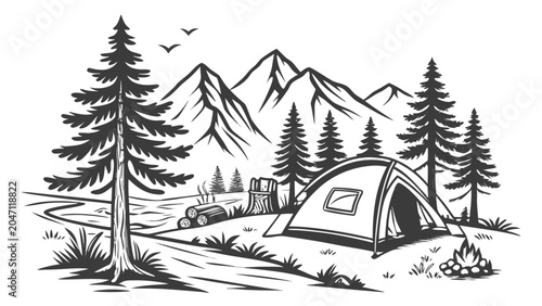 Bilde på lerret Camping adventure landscape sketch with mountains tent and pine forest, campfire