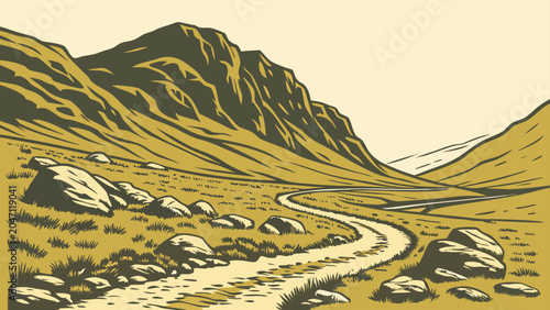 Vintage style illustration of a scenic mountain pass and rural pathway