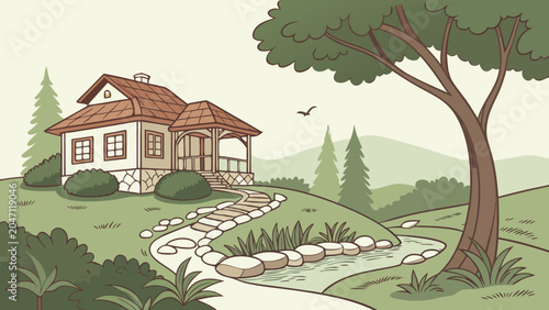 Cozy cottage house in a scenic garden with a stone path and stream, landscape
