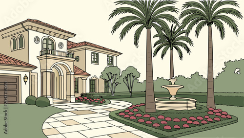 Luxury suburban villa with a fountain and palm trees in a garden, fountain