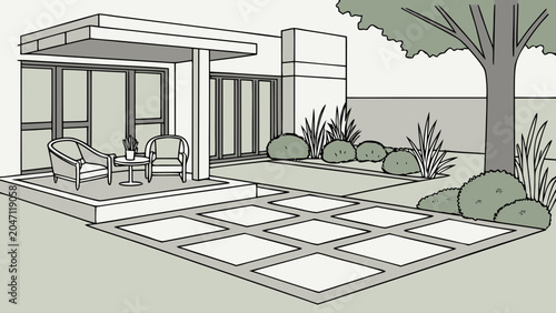 Modern residential patio with outdoor seating and landscaped garden, backyard