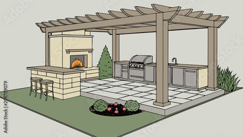 Outdoor kitchen and pergola with built-in fireplace and bbq grill, fireplace