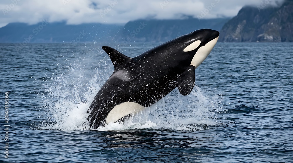Obraz premium Orca whale jumping, black and white ocean mammal, aquatic wildlife, sea creature