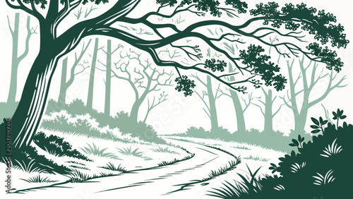 Winding path through lush green forest graphic illustration with landscape