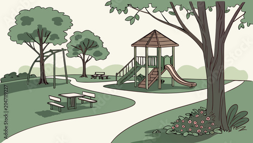 Public park playground area with slides and picnic tables illustration, outdoors