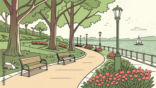 Scenic park pathway along waterfront with benches and flowers, waterfront