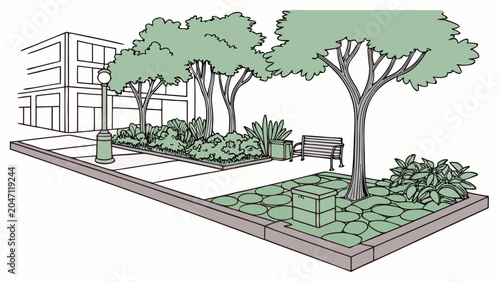 Urban street parkette with sidewalk bench and trees illustration, parkette