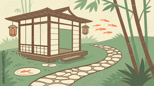 Photography Traditional japanese pavilion in garden with bamboo and fish illustration