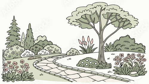 Garden path with decorative bushes and blooming flowers illustration, backyard