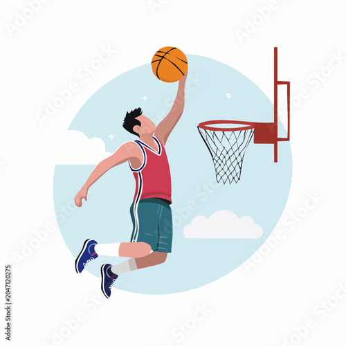 Basketball player performing a dunk in a flat design style