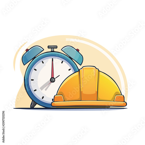 Cartoon alarm clock and yellow hard hat