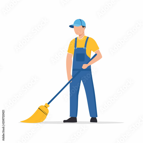 Flat design illustration of a cleaner sweeping with a broom