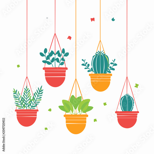 Flat design hanging plants and cacti in pots