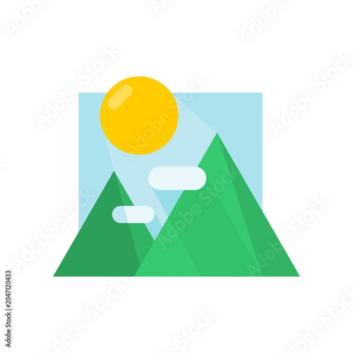 Green mountain and yellow sun cloud blue sky icon flat vector design