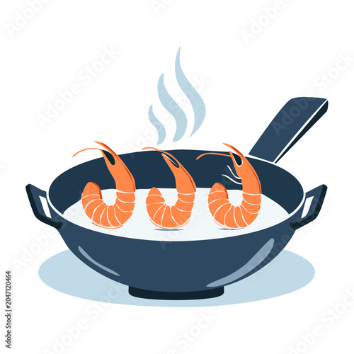 Flat design illustration of shrimp cooking in a wok with steam