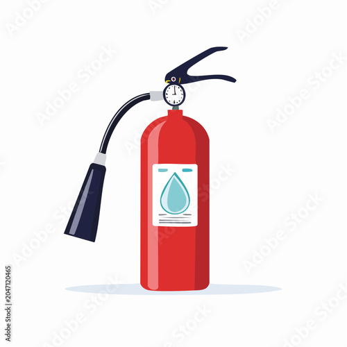 Flat design illustration of a red fire extinguisher with a water drop