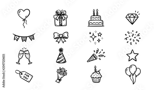 Φωτογραφία Festive Doodle Icons Set with Heart Balloon Gift Cake and Party Flags Vector