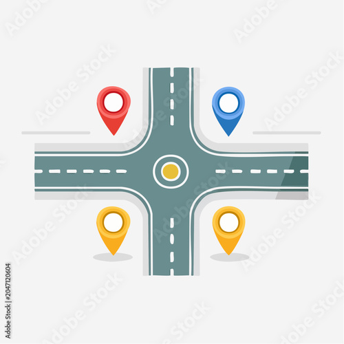 Roundabout intersection with map pins in flat design
