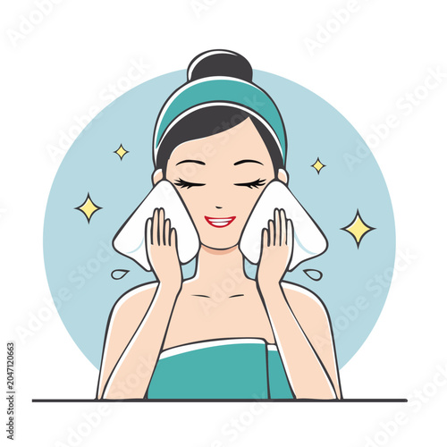 Woman cleaning her face with towels