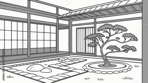 Canvas Print Traditional japanese courtyard garden with bonsai tree illustration, courtyard