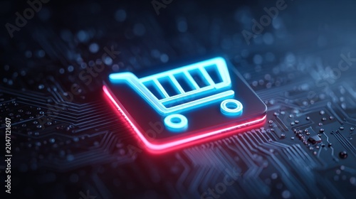 Neon shopping cart icon on a circuit board, symbolizing online retail.