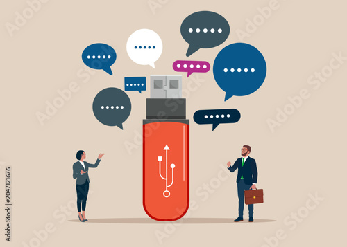 Discussion, conversation, meeting, team communication. Flash disk or USB flash with speech bubbles. Vector illustration.
