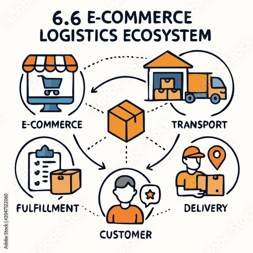 E-commerce logistics ecosystem infographic with icons