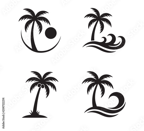 Elegant collection of diverse palm tree silhouette vector icons, ideal for tropical paradise designs, summer vacation branding, and serene island resort logos