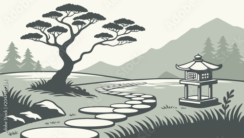 Photography Minimalist japanese zen garden with stepping stones and bonsai pine tree