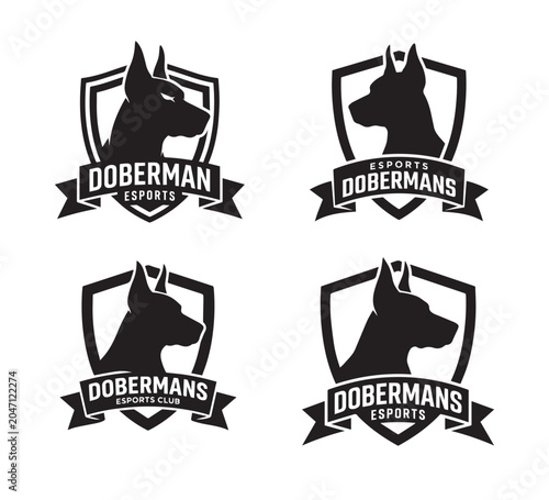 Dynamic Doberman esports team emblem design for competitive gaming clubs, powerful mascot logo illustration representing strength and agility in digital sports