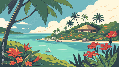 Bild auf Leinwand Tropical island coastline with exotic flowers and sailboat, island life