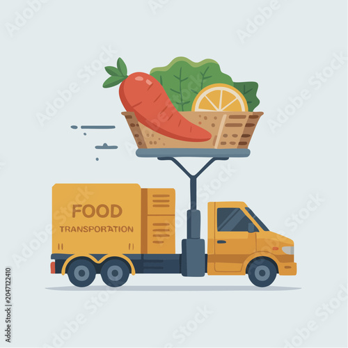 Food transportation delivery truck with basket of fresh produce